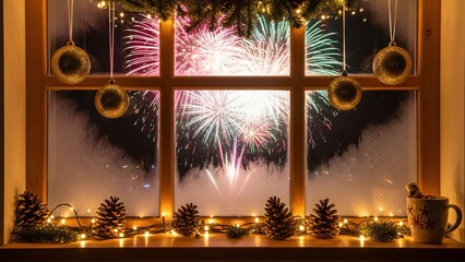 Cozy window display with fireworks