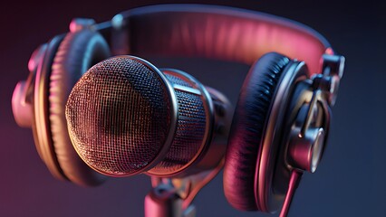 Obraz premium Professional studio microphone and headphones for audio recording, broadcasting, or podcasting pop filter. professional recording studio equipment on colorful blur bokeh background. 