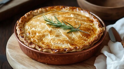 Delicious golden savory pie garnished with fresh rosemary