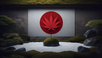 A Japanese flag in minimalist Zen garden and architecture, Ai generated image
