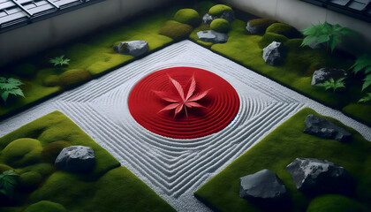 A Japanese flag in minimalist Zen garden and architecture, Ai generated image
