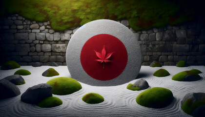 A Japanese flag in minimalist Zen garden and architecture, Ai generated image