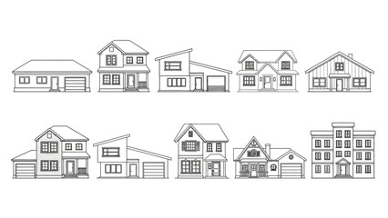 Line art illustration of various residential houses in a row © Nasima