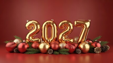 Festive 2027 New Year Celebration with Gold Foil Balloons and Red Christmas Ornaments on a Warm Red Background Ideal for Holiday Marketing and Greeting Card Designs