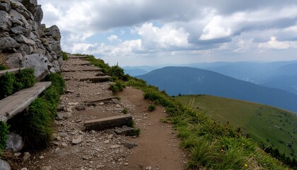 Embark on an adventurous journey along a winding mountain path, offering breathtaking scenic views and an invigorating hiking trail through rugged landscapes under a dramatic sky