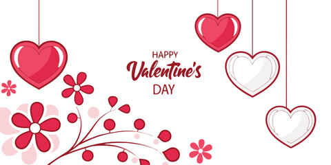 Happy valentine s day hanging hearts and floral design background