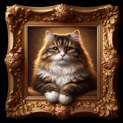 A small gold-framed cat portrait oil painting, Ai generated image