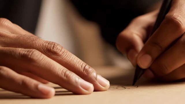 Closeup of a persons hands writing on a piece of paper with a pen