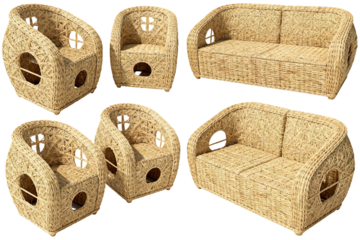 Rattan Woven Furniture Set with Cats Play Holes