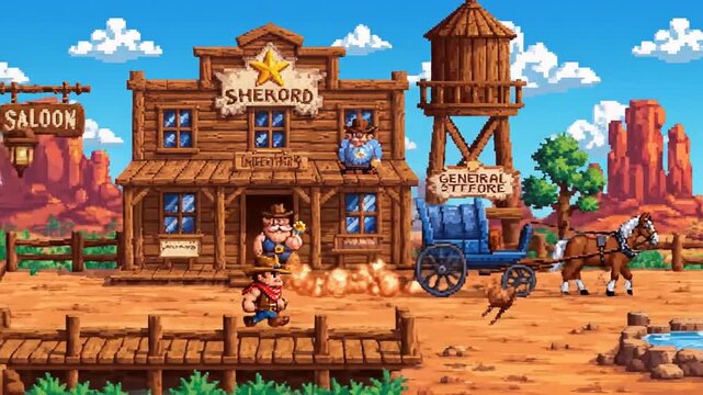 Cinematic Retro Western Town Street Scene Pixel Art Vintage Saloon Building in Dusty Desert Road Style for Classic Eight Bit Gaming Aesthetic and Nostalgic Video Projects