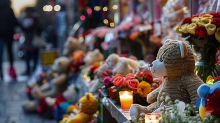 A memorial scene with teddy bears and flowers. Candles are lit among the tributes. The background shows blurred figures of people walking.