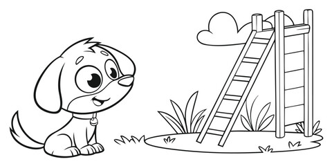 Cute cartoon puppy looking at a tall ladder line art