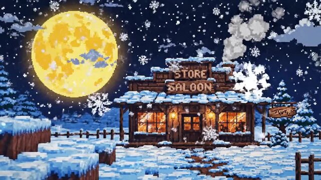 Atmospheric pixel art night scene of a rustic western general store nestled in a snowy winter landscape illuminated by a glowing large yellow full moon and starry sky background.