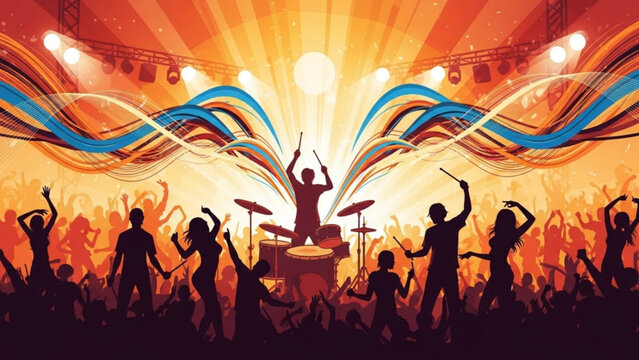 Silhouette of people dancing and playing music at a vibrant party with colorful lights and a drummer in the background at a lively with fun - Powered by Adobe