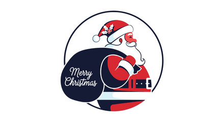 Cheerful Santa Claus character in a circular frame carrying a gift sack with 'Merry Christmas' text, perfect for holiday greetings.