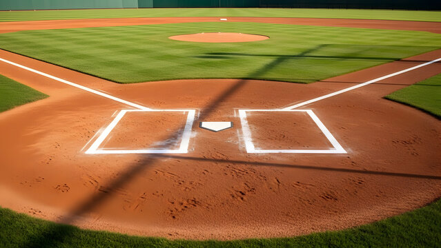 Baseball field with home plate and batter's box markings on a sunny day perfect for game play and outdoor sports activities at the stadium - Powered by Adobe