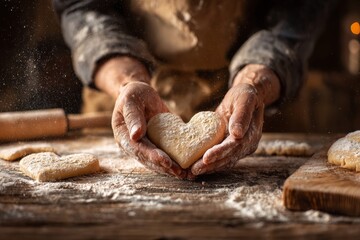 Baker Shapes Heart Cookies in a Rustic Kitchen With Flour on Hands in Warm Colors and Motion