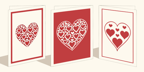 Three red and white heart greeting cards for valentines day