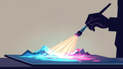Hand holding paintbrush creating colorful mountain landscape illustration on digital tablet with vibrant colors and creative design