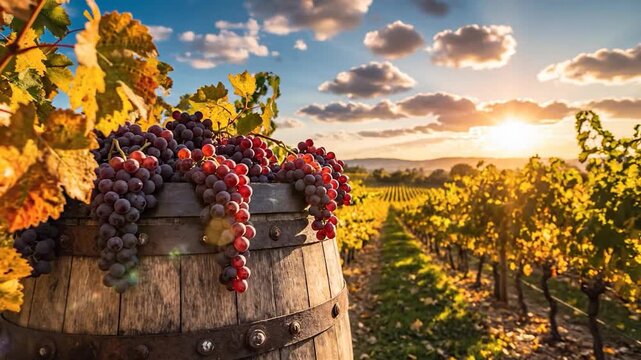Grape harvest on barrel at vineyard during sunset scenic landscape