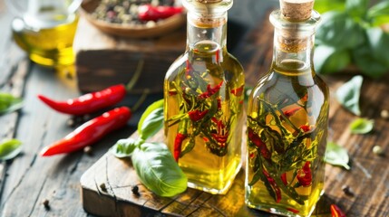 Two glass bottles of infused olive oil with red chili peppers and fresh basil on a wooden cutting board. Spices and herbs are scattered around.