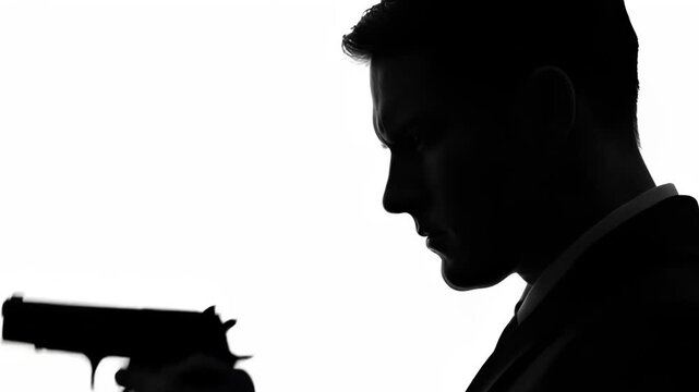 Silhouette of a man holding a gun to his head isolated on white background