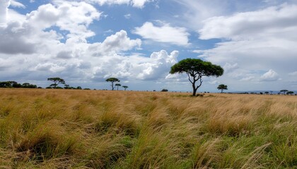 Expansive African savanna grasslands with tall, golden dry grass and iconic acacia trees beneath a dynamic cloudy sky, evoking a sense of tranquil wilderness