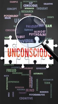 Unconscious under magnifying glass, being researched, studied and examined. Most important subjects and ideas related to unconscious written around a puzzle to symbolize complexity of unconscious.