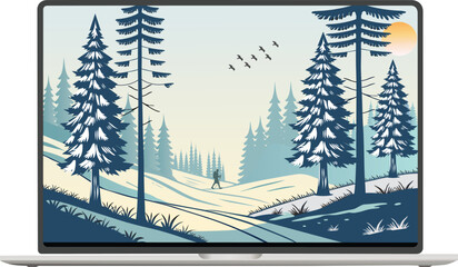 Winter Landscape with Snow-Covered Hills, Pine Trees sunrise and birds. Nature background for Christmas or New Year. Peaceful wintertime scene.