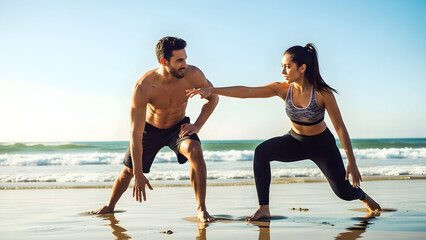 Dynamic couple practicing martial arts on the beach during sunset for fitness training and outdoor exercise activities in a scenic coastal setting