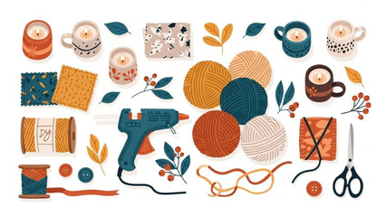 Assorted craft supplies including yarn, candles, scissors, and glue gun arranged on white background with decorative elements with DIY