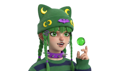 3D Render of Punk Girl with Green Hair and Cat Hat