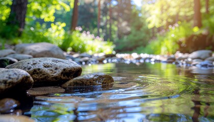 Serene Forest Stream with Pebbles and Sunlight Filtering Through Trees