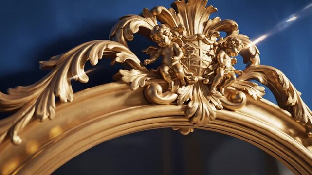 Ornate Gold Mirror Frame on Blue Background - Illustration 4K 10s