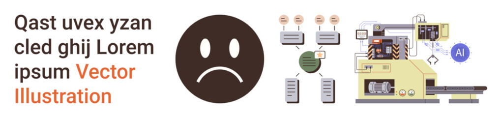 Fototapeta premium Emotions, automation, AI technology, machine processes, data flow, communication systems. Sad face icon next to AI-powered machinery and data flows. Emotions and automation concepts