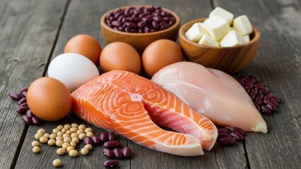 Raw salmon fillet, chicken breast, and eggs with beans on wood table. Food group for healthy diet and nutrition. Protein rich meal ingredient.