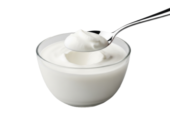 Clear borosilicate glass bowl with creamy white greek yogurt, sleek silver spoon scooping a swirl, minimalist transparent studio background, soft light, concept of healthy nutrition