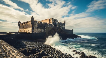 Historic Fortress on Rocky Coastline with Crashing Waves Under a Dramatic Sky.
