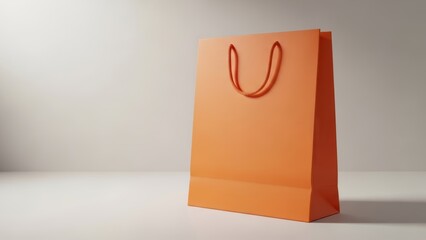 Orange shopping bag standing on a light background. Retail and commerce concept for product display or advertisement.