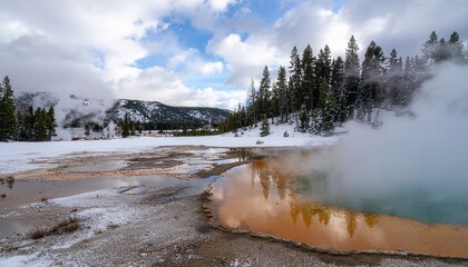 Steam rising from geothermal hot springs in Yellowstone National Park during winter