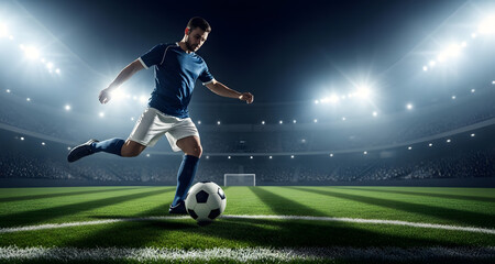 Professional soccer player kicking ball in stadium with bright spotlights