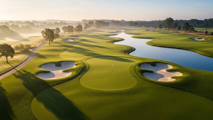 A cinematic 4K aerial shot of a luxury golf course, captured early in the morning