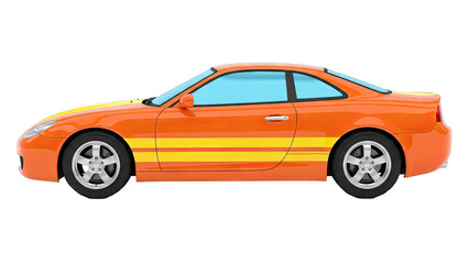 Orange sports car with yellow racing stripes