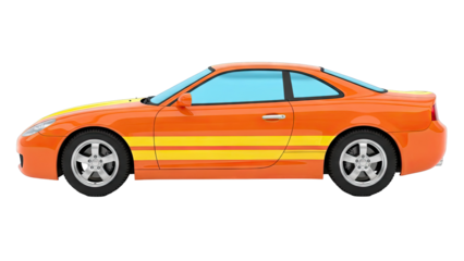 Orange sports car with yellow racing stripes