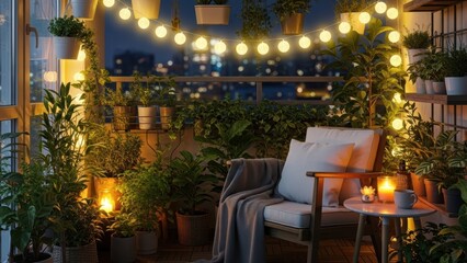 Cozy evening balcony with glowing string lights and potted plants, creating a comfortable outdoor living space for relaxation and urban nature appreciation.