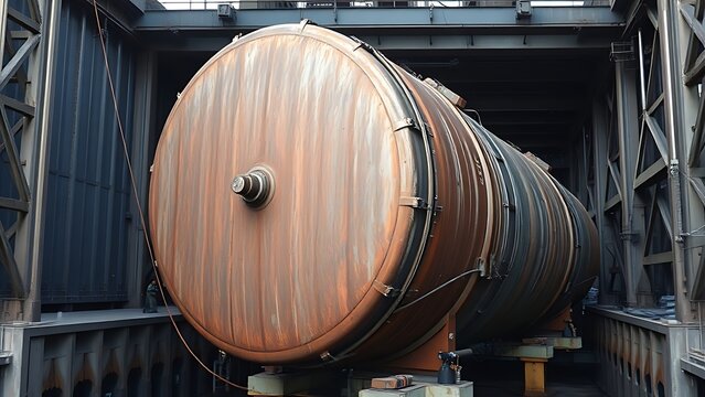 hydrologic. Massive steel caisson supported by jacks in an industrial dry dock setting. safety posters, maintenance manuals, designed for precision metalworking and fabrication facilities.