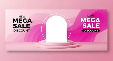 Mega Sale Discount Banner with Pink Abstract Waves and Podium.