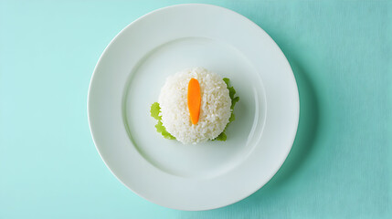 A vibrant carrot dice on a mound of fried rice, served on a white plate with lettuce, viewed from directly above on a textured blue surface.
