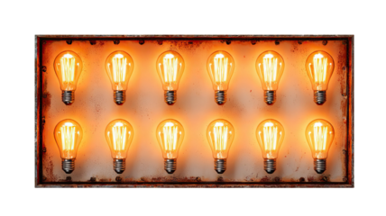 Vintage glowing incandescent light bulbs arranged in rectangular panel warm illumination industrial decor energy display isolated on white background