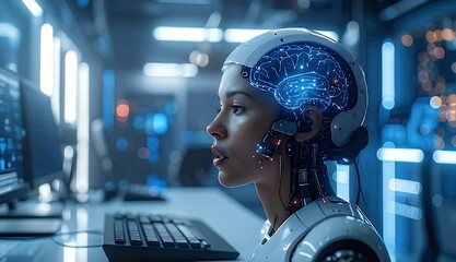  Futuristic Female Android with Glowing Blue Brain Circuits and Mechanical Body Works in a High Tech Server Room with - Powered by Adobe